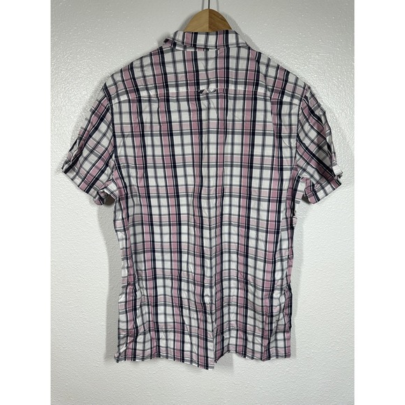 Vince Shirt Mens Medium Pink White Navy Plaid Short Sleeve Button Up Casual - Picture 2 of 7